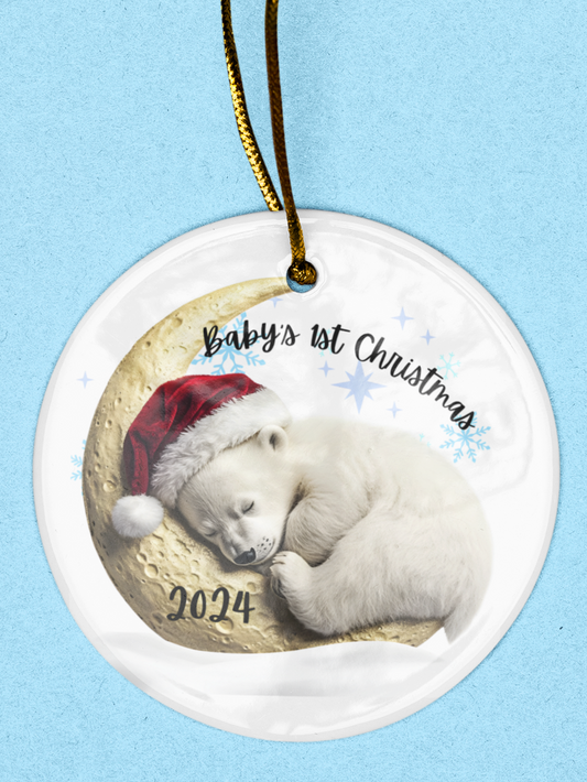 Baby's 1st Christmas Ornament - Baby Polar Bear Sleeping on a Crescent Moon