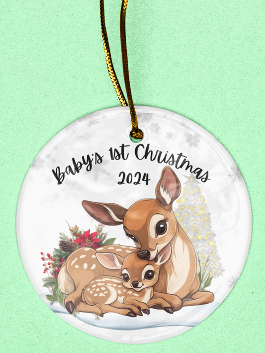 Baby's 1st Christmas Ornament - Mama Deer Snuggling her Baby Deer