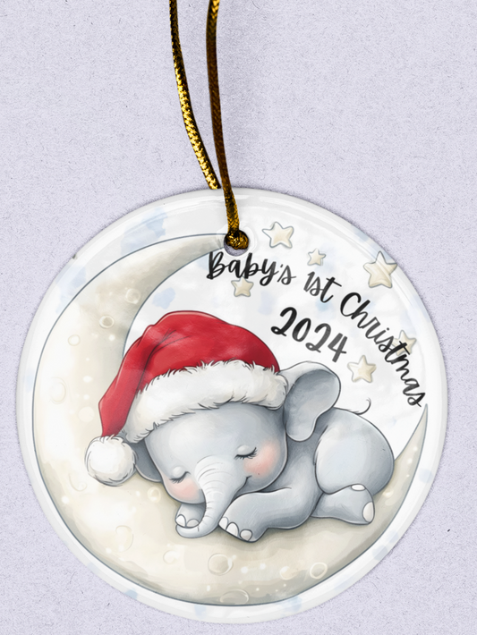 Baby's 1st Christmas Ornament - Baby Elephant Sleeping on a Crescent Moon