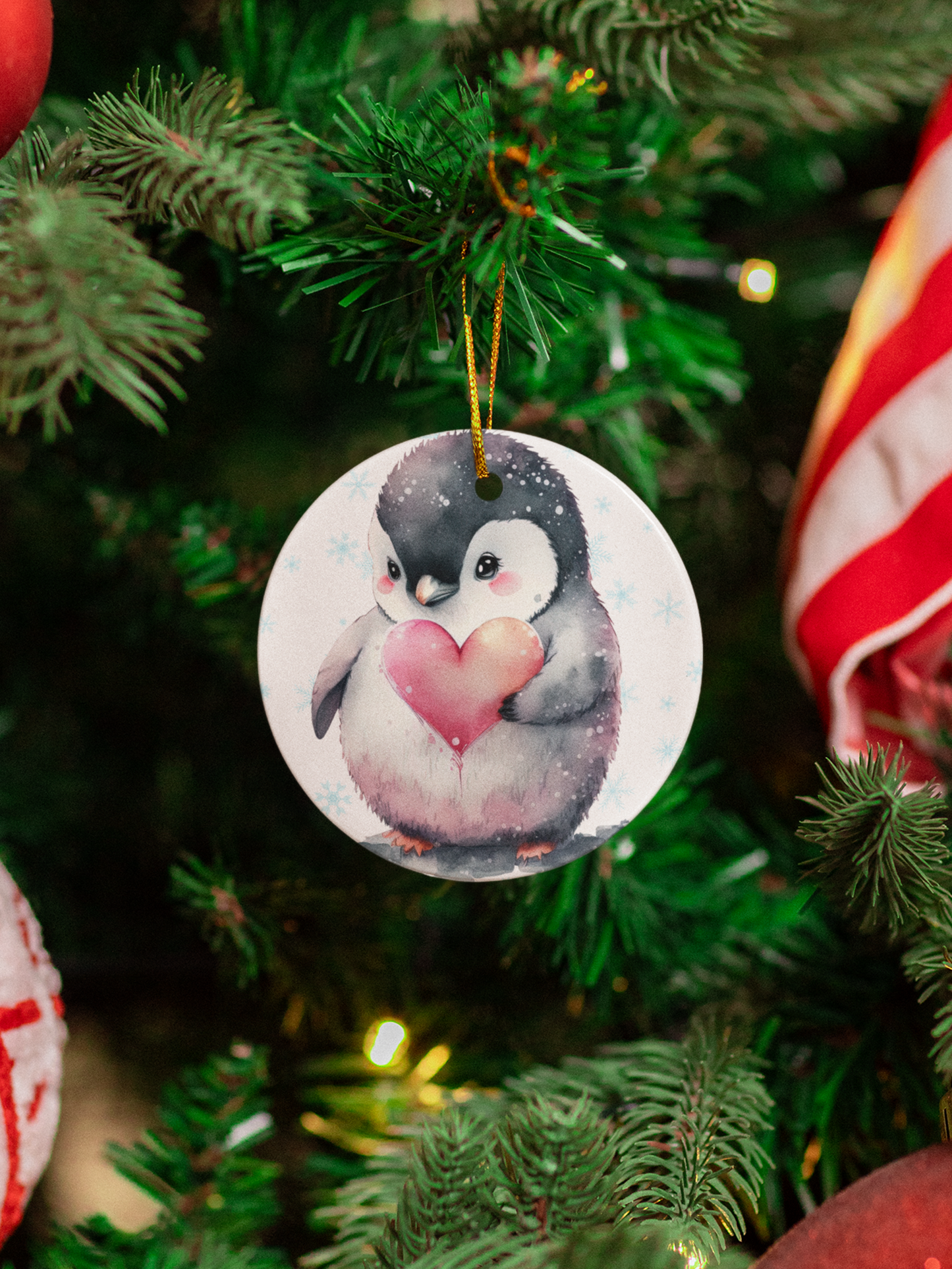 Baby Penguin Christmas Ornament - 3" round ceramic