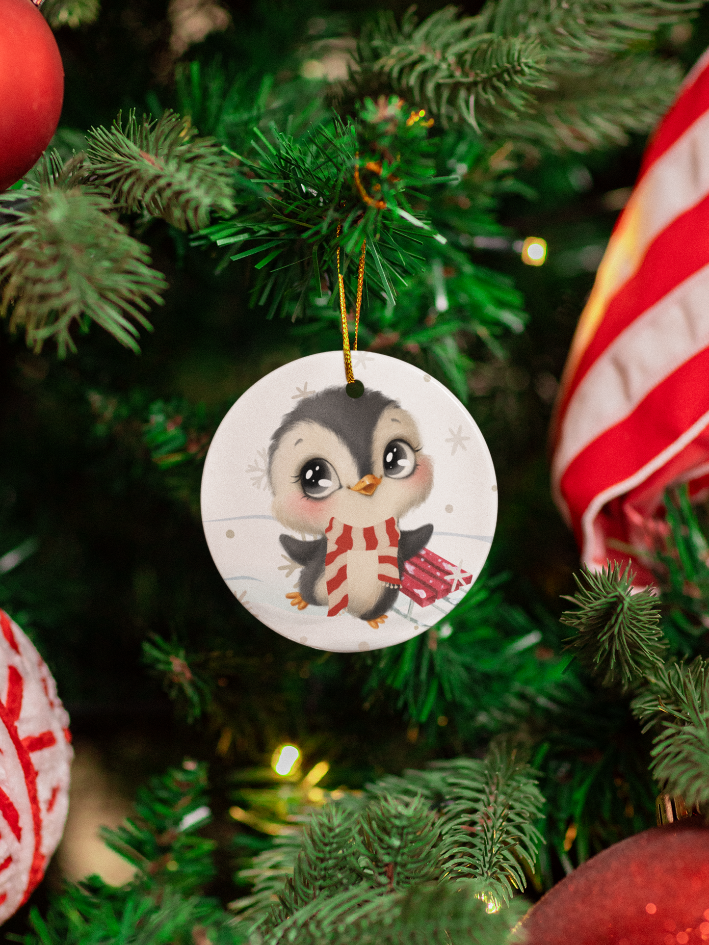 Baby Penguin with Sled Christmas Ornament - 3" round ceramic