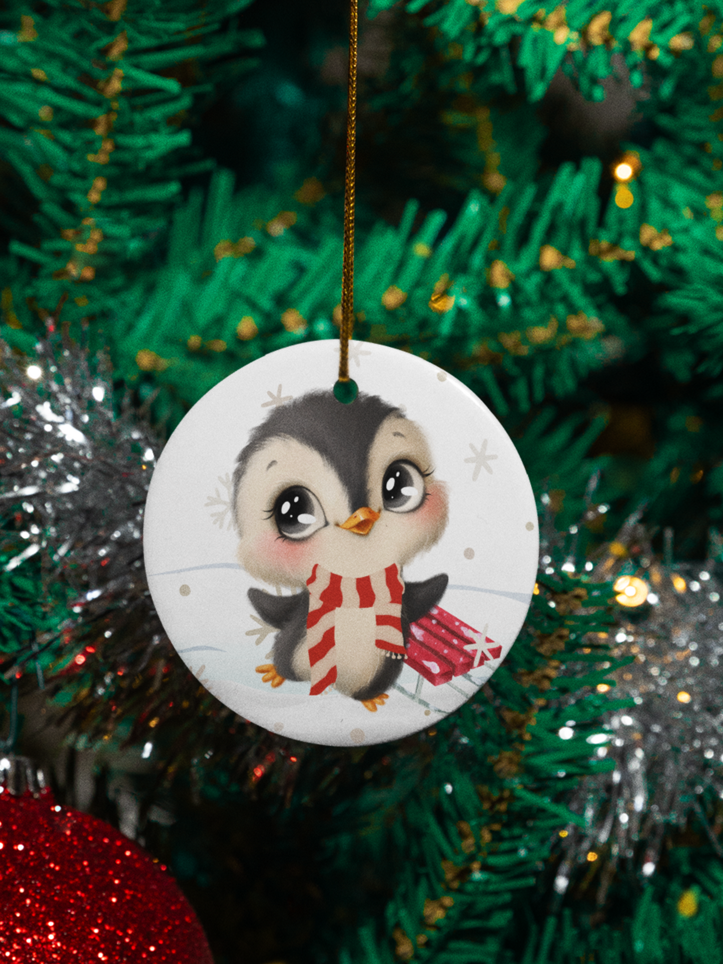 Baby Penguin with Sled Christmas Ornament - 3" round ceramic