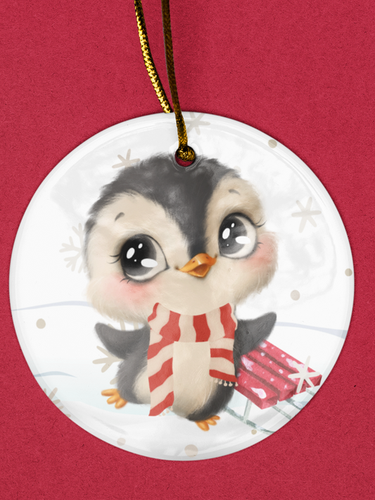 Baby Penguin with Sled Christmas Ornament - 3" round ceramic