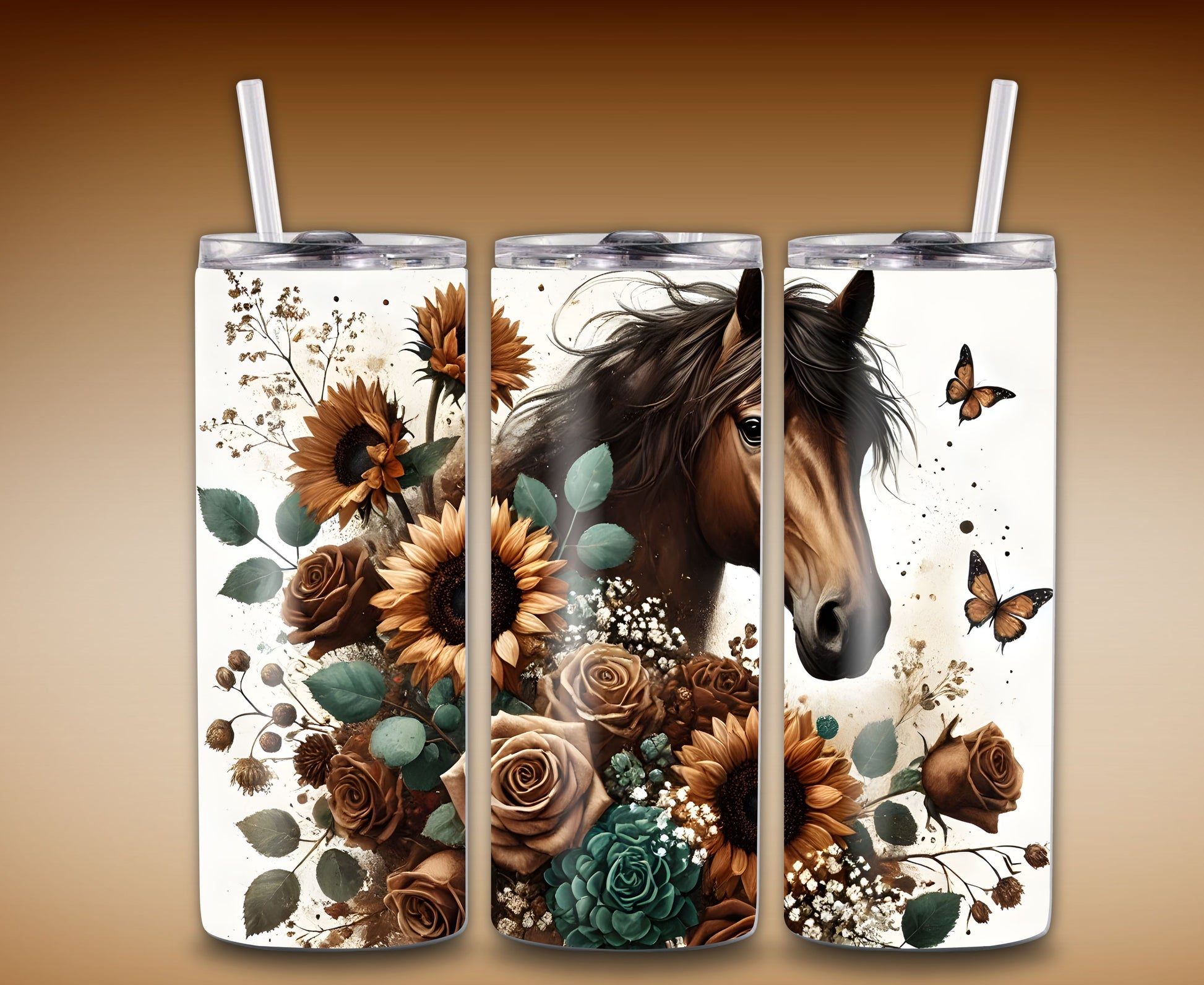 20 oz insulated stainless steel tumbler with Boho Style Horse Surrounded by Flowers in blue, brown, and yellow hues.