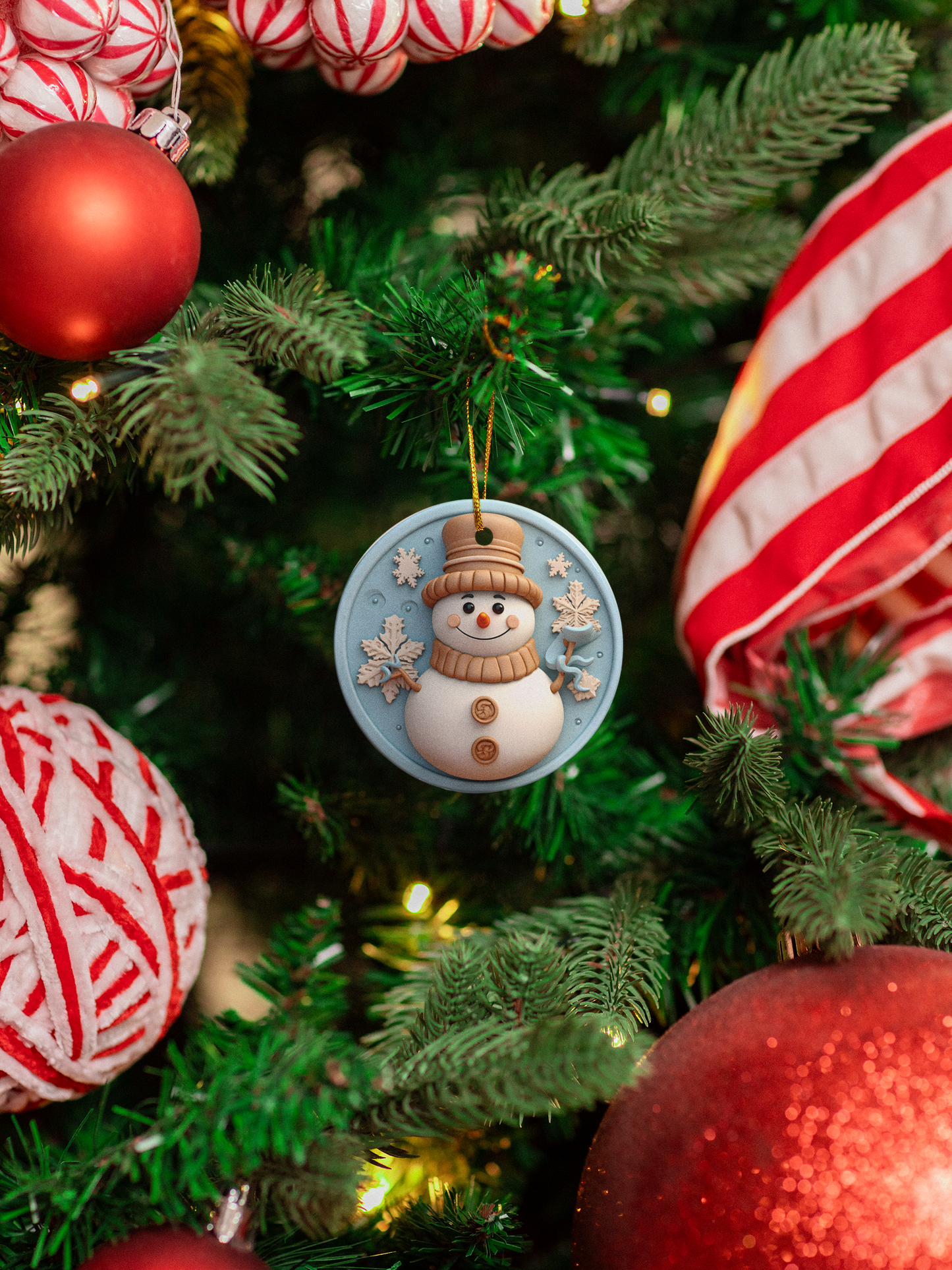 Clay Snowman with Snowflakes Christmas Ornament - 3" round ceramic