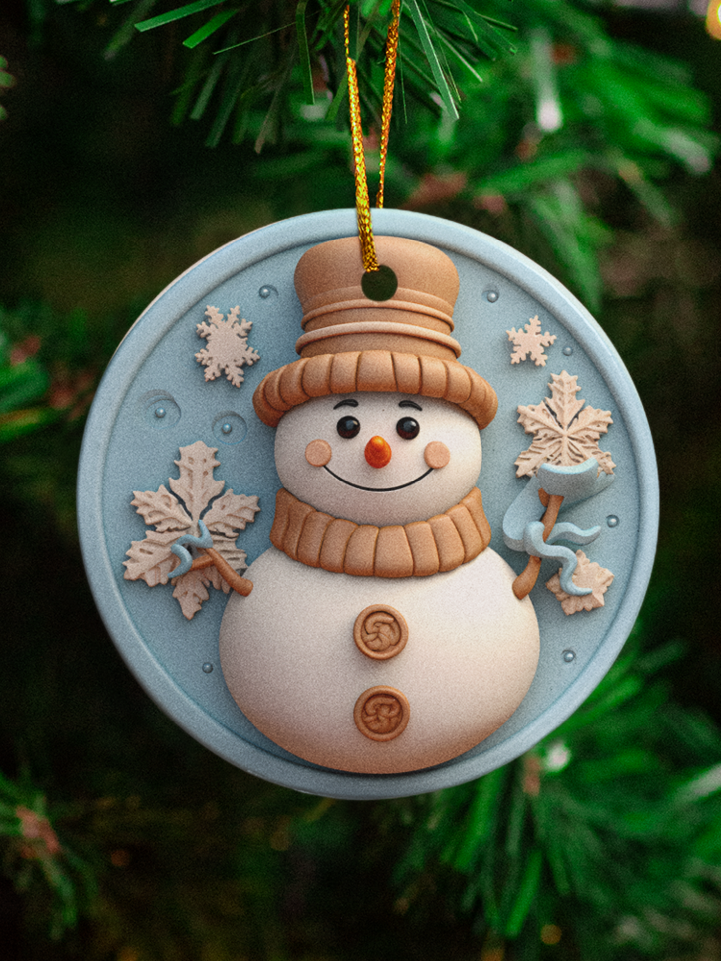 Clay Snowman with Snowflakes Christmas Ornament - 3" round ceramic