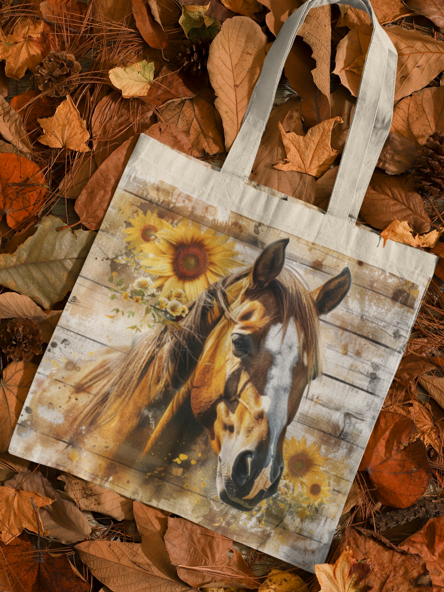 Canvas tote bag with majestic brown horse with white stripe down nose. Horse is surrounded by sunflowers, on a rustic barnwood background. Tote is laying on a bed of autumn leaves.