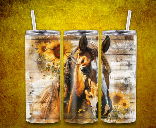 Insulated stainless steel tumbler 20 oz with majestic brown horse with white stripe down nose. Horse is surrounded by sunflowers on a rustic barnwood background.