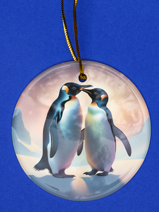 Penguin Couple Christmas Ornament - 3" round ceramic