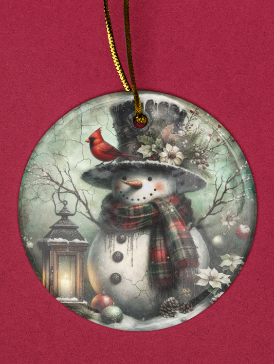 Old Fashioned Snowman Christmas Ornament - 3" round ceramic