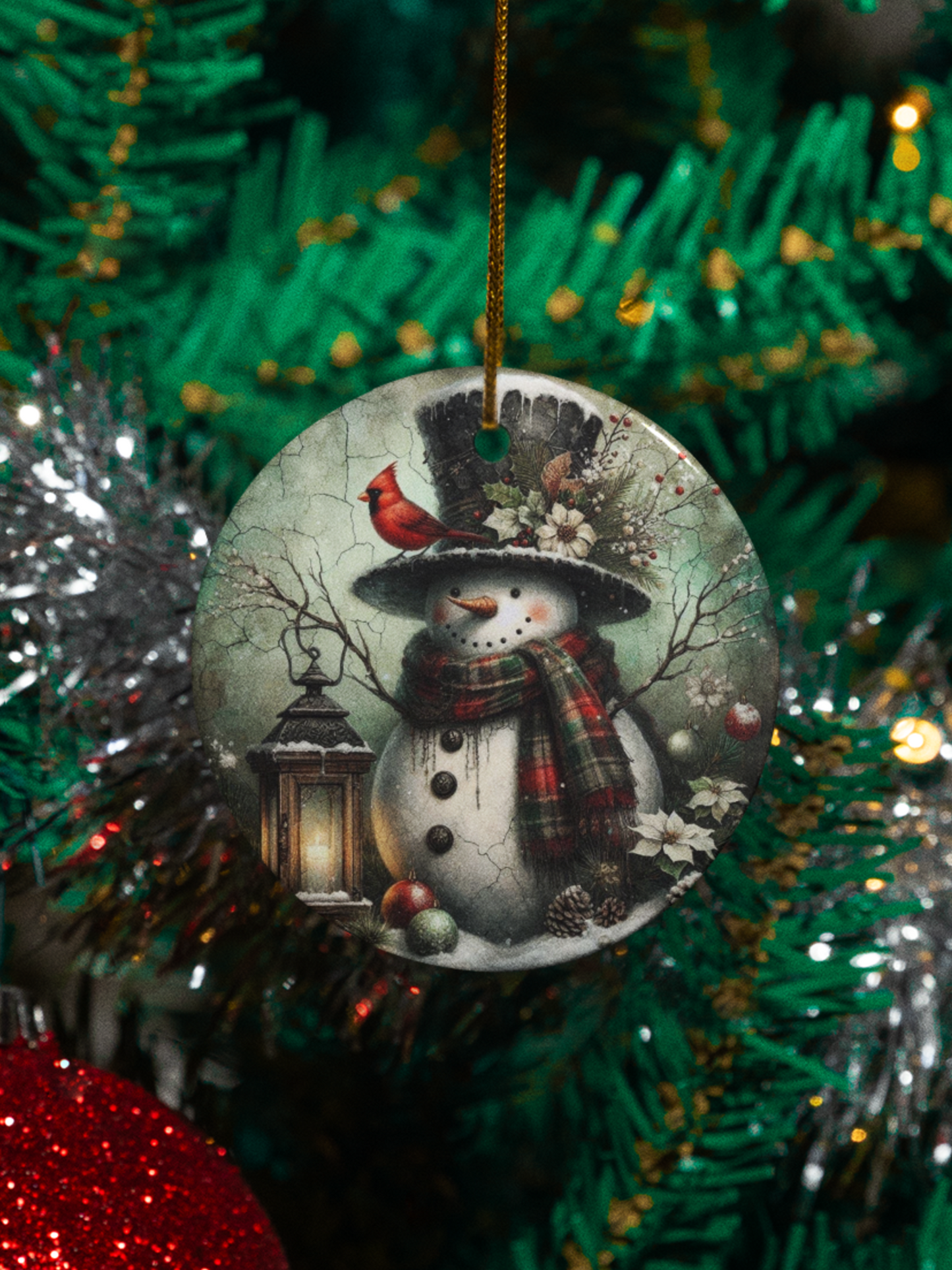 Old Fashioned Snowman Christmas Ornament - 3" round ceramic