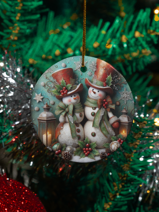 Old-Fashioned Snowman Couple Christmas Ornament - 3" round ceramic