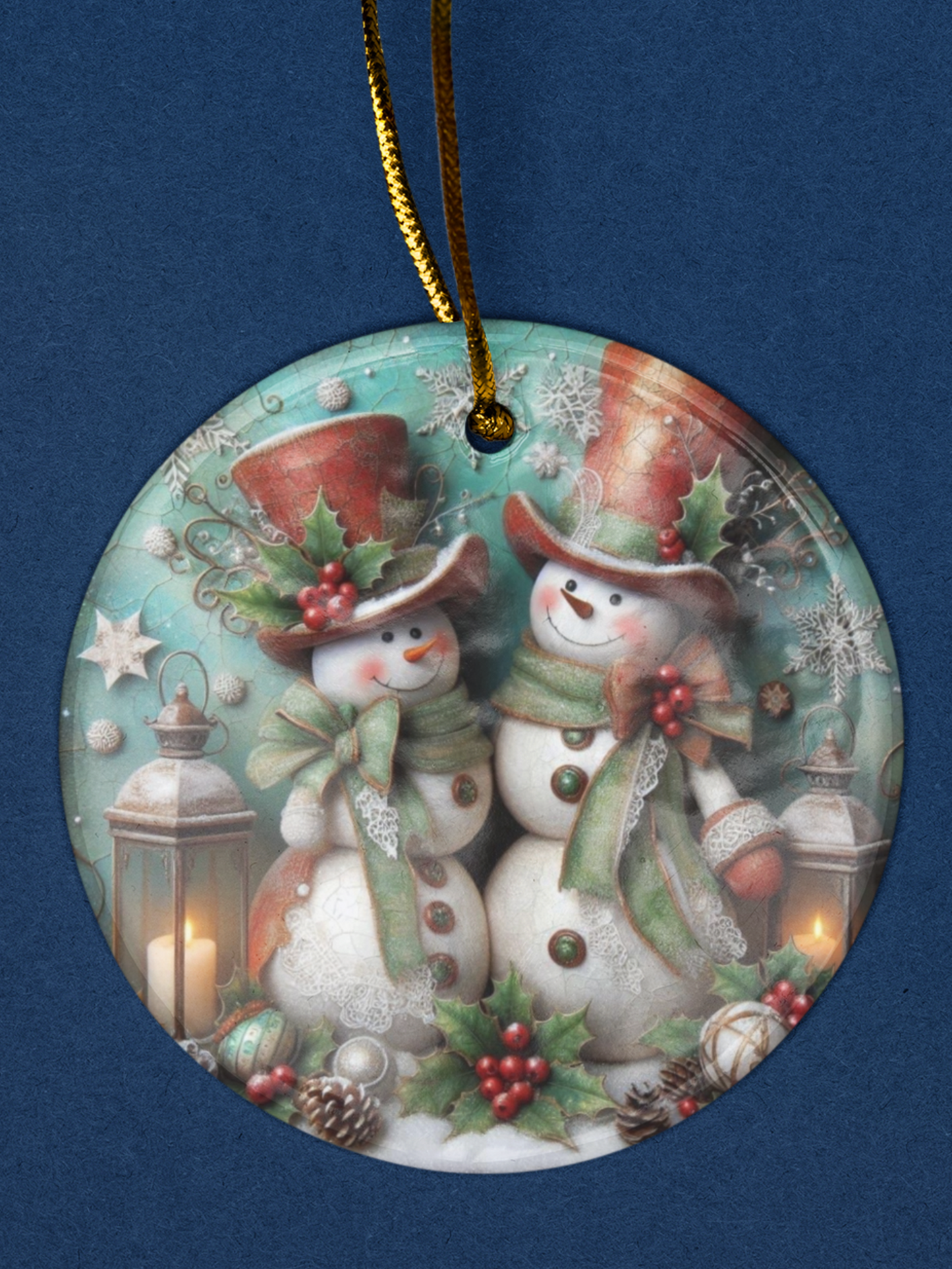 Old-Fashioned Snowman Couple Christmas Ornament - 3" round ceramic