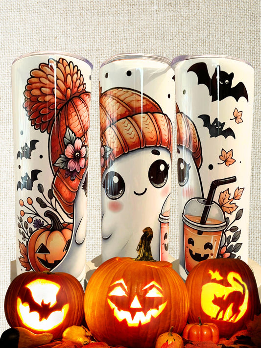 20 oz insulated stainless steel tumbler with cute ghost wearing an orange beanie hat, holding an iced coffee. Ghost is surrounded by pumpkins, fall leaves, and bats.